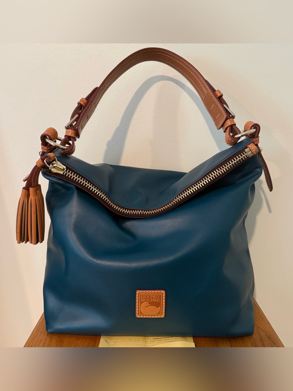 Dooney & Bourke Teal Leather Shoulder Bag with Tan Trim